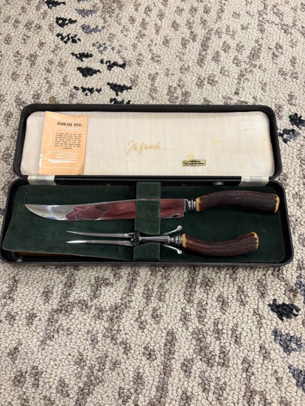 Vintage 1950s John Wanamaker Sheffield England Stag Horn Carving Original Set